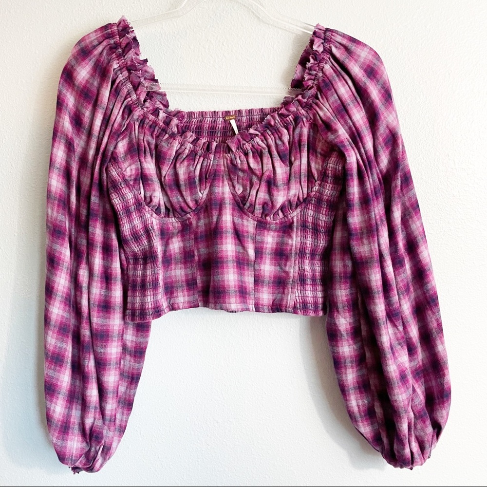 Free People Cherry Bomb Plaid Top Balloon Sleeve - Picture 3 of 10